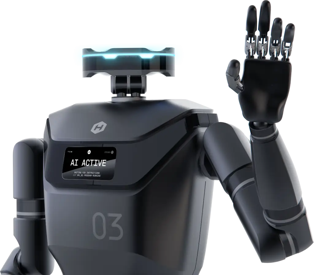 Mark I from Hammer Robotics waving at you closeup